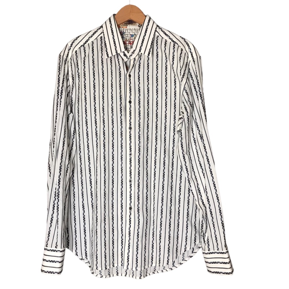 Robert Graham Button Up Long Sleeve Cream Grey Striped Pattern ESTIMATED Large